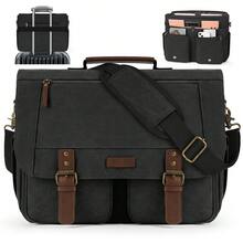 Vintage Men's Messenger Bag, 15.6 Inch Water-Resistant Canvas Laptop Briefcase, Large Capacity Computer Satchel For Work, College & Travel - Black - View 10