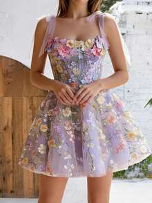 Dresses For Women,Women's Fashionable 3D Floral Embroidered Bodycon Sexy Suspender Dress - 淺紫色 - 查看 4