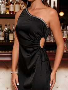 Women's Asymmetric Neckline Long Cocktail Dress, Elegant Black Woven Fabric, Slit Design - Black - View 6