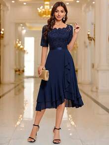 MIUSOL Floral Lace Patchwork Ruffle Hem Cocktail Party Dress Wedding Spring - Navy Blue - View 8