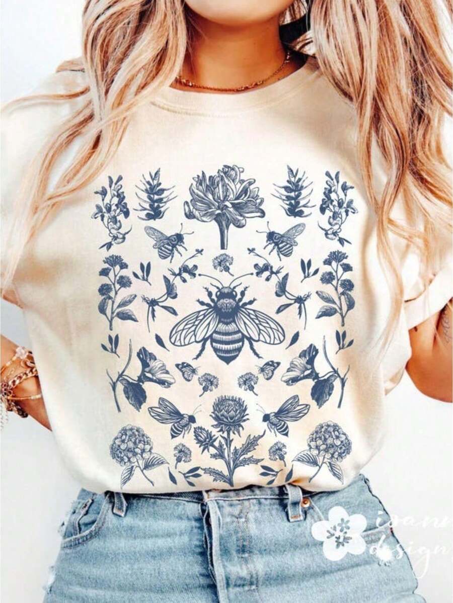 Vintage Bee Wildflowers T-Shirt, Cottagecore Floral Nature Lover Bumble Bee Aesthetic Tshirt, Forestcore Retro Gift For Mom  Funny Graphic Tshirts For Men Women Round Neck Loose Casual Tees - 白色 - 查看 1