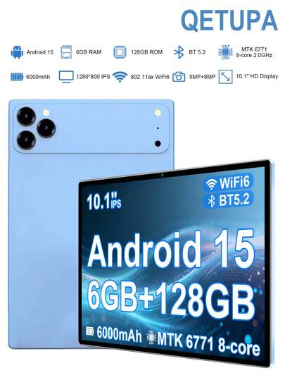 Qetupa Tablet PC Android 15 de 10.1 pulgadas, procesador Octa-Core MTK6771 a 2.0GHz, 6GB de RAM + 128GB de almacenamiento (admite expansión de 1TB), pantalla táctil IPS HD (1280x800), cámara frontal de 5MP y cámara trasera de 8MP, batería de larga duración de 6000mAh, Wi-Fi 6 802.11ax, Bluetooth 5.2, GPS, puerto de carga Tipo-C, sin soporte para tarjeta SIM