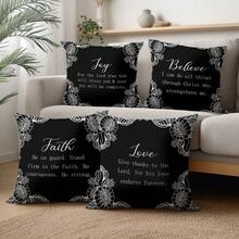 4pcs Minimalist Floral Border Black & White Bible Verse Printed Cushion Cover, Single-Sided Soft Peach Velvet Fabric, 45*45CM Pillow Case Suitable For Home Bedroom Living Room Party Holiday Decor, Sofa Decorative Throw Pillow Cover Gift, No Pillow Insert - Multicolor - View 4