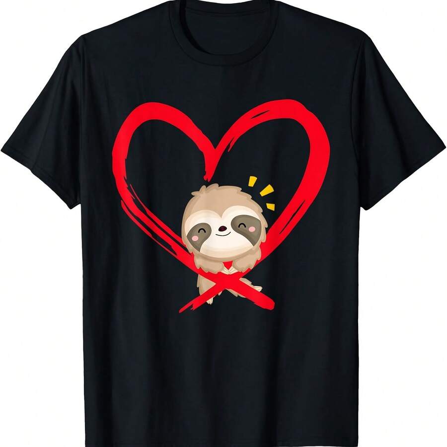 Love Heart Sloth Valentine's Day T-Shirt - Negro 2 - Ver 1