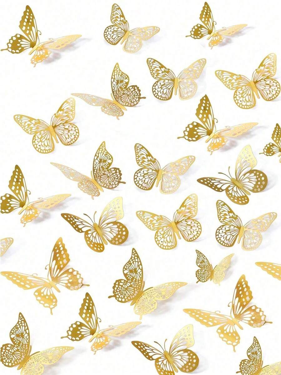 36pcs 3D Butterfly Wall Stickers, 4 Styles, 3 Sizes, Butterfly Birthday Decor, Butterfly Party Decor, Cake Decor, Room Decor, Removable Stickers (Gold) Random Style - Paper - Gold - View 1
