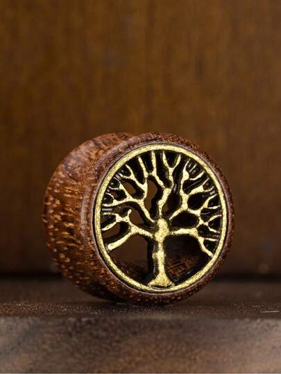 1 par de dilatadores de oreja con estilo bohemio retro, diseño de árbol de la vida hueco incrustado en madera natural, joyería de perforación unisex adecuada para uso diario, fiestas y vacaciones