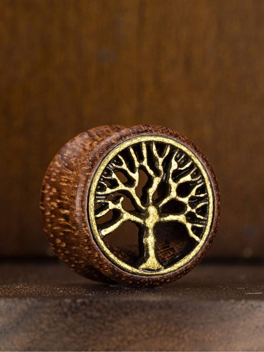 1对时尚复古波西米亚风耳扩，天然木质镂空镶嵌生命之树耳塞，男女通用穿刺饰品，适合日常、派对、节日佩戴 - 生命樹 - 查看 1