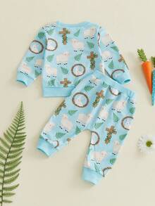 Kids Toddler Baby Boy Girl Easter Girls Outfits He Is Risen Baby Christening Spring Fall Winter Clothes Letter Sheep Cross Rabbit Embroidery Long Sleeve Sweatshirt Tops Long Pants Set - 藍色 - 查看 7