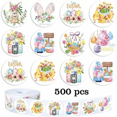 500pcs/Roll Easter Stickers 12 Patterns Rabbit Stickers Roll Rabbit Stickers Egg Stickers Spring Self-Adhesive Sealing Stickers For Envelopes Gifts Decorations Birthday Holiday Party Supplies