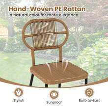 COSTWAY 3 Piece Patio Dining Set, 2 Varied-Size Stackable Rattan Chairs & Dining Table With Shelf, Heavy-Duty Metal Frame, Space-Saving Wicker Breakfast Set For Indoor Outdoor, Brown - Brown - View 9