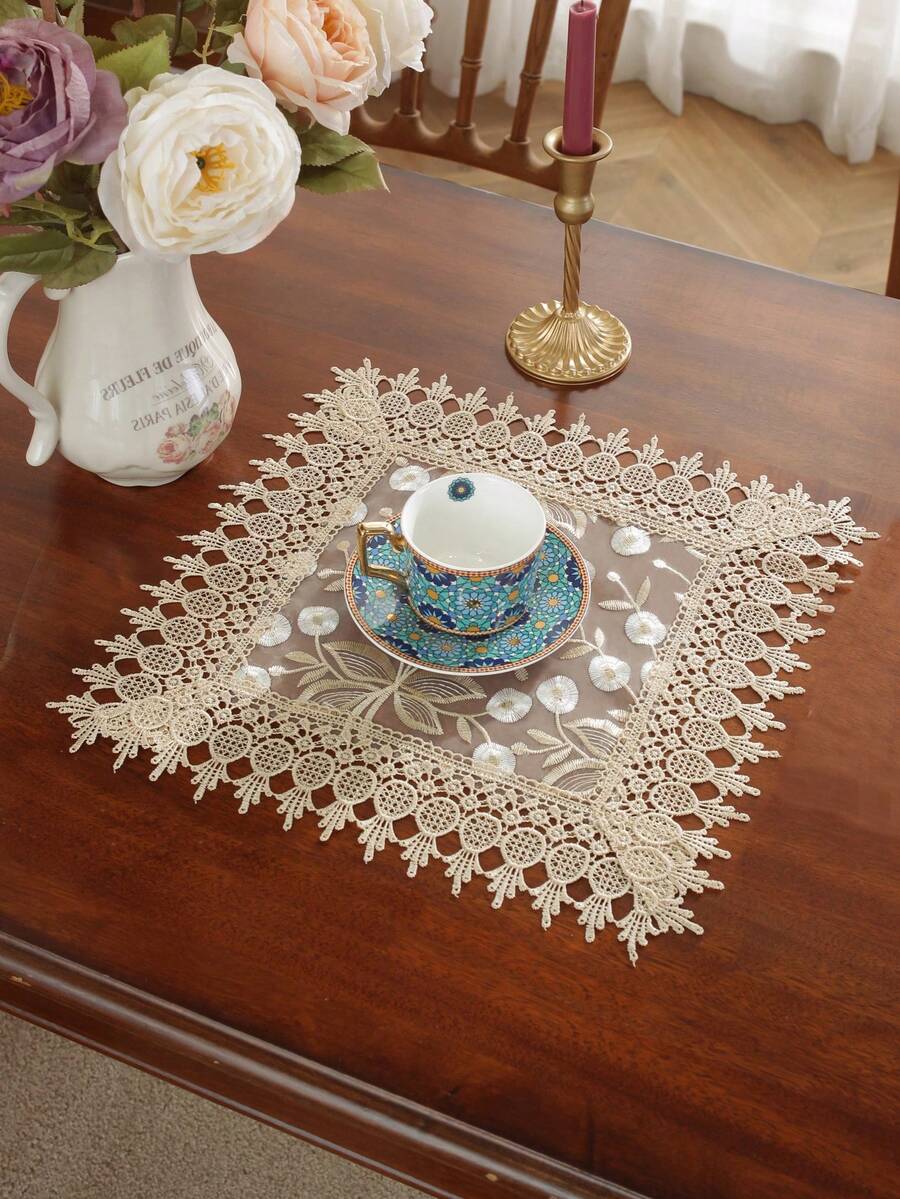 1pc Organza Fabric Placemat, Embroidered Delicate Design, Kitchen Dining Table Decoration, Coaster, Indoor Decor, Holiday/Party/Wedding, Rectangle/Square Options - Multicolor - View 1