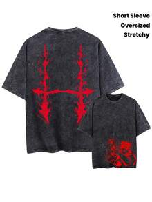 LIDANR 1PC Elegant Unisex Vintage Washed Oversized Black Tshirt| Short Sleeve Tees With Red Flame Cross Dragon Choso Graphic, Crew Neck, Slight Stretch Fabric, Loose Fit, All-Season Wear Mens Clothes Shirts - 黑色 - 查看 6