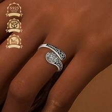 1 pieza Anillo de plata de ley 925 vintage elegante con diseño geométrico de círculo y nudo celta, regalo para mujer, adecuado para vacaciones, fiesta, boda, cumpleaños - Plata antigua - Ver 6