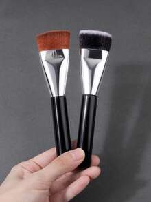 2pcs Dual-Tone Powder Brush Set, Soft Flat Top Blush Brush For Smooth, Even Makeup Coverage, Daily Use - Black - View 5
