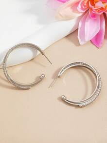 1 Pair Fashion Multi-Layer Hoop Earrings With Rhinestone Inlay, Suitable For Women's Daily Wear - Silver - View 3