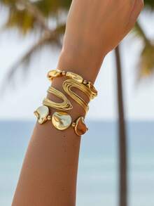 imoli 3pcs Fashionable Exaggerated Asymmetrical CCB Geometric Wire Hoop Beaded Chunky Jewelry Bracelet & Cuff Set - Multicolor - View 4