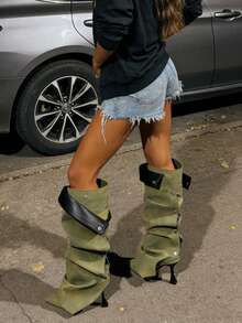 Women's Knee High Boots Stiletto Boots Pointed Toe High Heels Wide Calf Ruched Slouchy Boots Detachable Snap-Off Panel Mid Calf Boots Black Boots - 牛仔-B - 查看 10