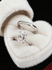 CVNANA 2 piezas Anillos de pareja de circonita, anillos de compromiso de boda "Te amo" regalo del Día de San Valentín, sin caja de regalo - Plateado - Ver 2