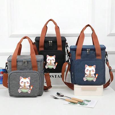 Fun Noodle Cat Printed Large Capacity Lunch Bag - Fashionable Polyester Handbag, Handheld Lunch Bag, Suitable For Work, Office, Picnicking, Hiking, And Beach, Lightweight Design Is The Perfect Gift For Family And Friends On Holidays And Birthdays, Leisure Picnicking Package, Rice Box Bag