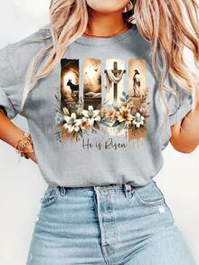 Easter Gift Women's Elegant Style Short Sleeve Easter Religious Theme Printed Pattern Round Neck Women's Comfortable Soft Breathable New Spring Summer - 灰色 - 查看 1