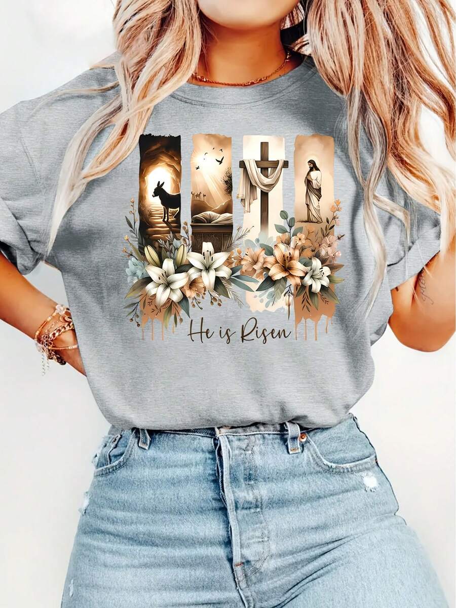 Easter Gift Women's Elegant Style Short Sleeve Easter Religious Theme Printed Pattern Round Neck Women's Comfortable Soft Breathable New Spring Summer - 灰色 - 查看 1