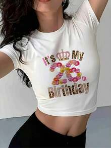 LX Women'S Short Sleeve Tops | Round Neck, YK Style, Alphabets Pattern, Basic T-Shirts, Standard Size Codes B, For Everyday Wear, Leisure Travel, Outdoor, Summer Coolness, Seaside Wear Women's Cropped T-Shirt, Short Sleeve Crop Top, Crew Neck Slim Fit Tee, Perfect For High-Waisted Jeans, Skirts, Leggings, Casual Daily Wear, Weekend Outings, Summer Fashion Essentials, Must-Have For Fashion-Forward Women. - 白色 - 查看 1