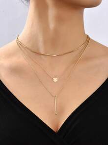 Set de 3 collares de mujer de estilo minimalista - Colgante de corazón + barra, collar multicapa, diseño de lujo delicado - Amarillo Oro - Ver 7