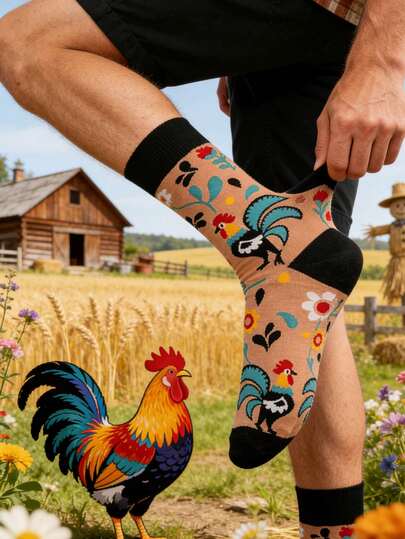 1双男女通用彩色公鸡图案中筒袜，运动户外袜，适合所有季节，春夏皆宜，情侣袜