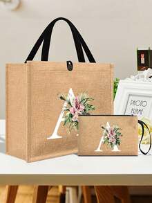 1个简约字母印花亚麻手提袋，情人节女友礼物，多功能便携亚麻手提袋，适合教师节、教师节、女士等场合，字母印花手提袋，化妆包，精美旅行沙滩包，可重复使用的购物袋，适合婚礼、生日、海滩、假日等场合。 - 彩色 - 查看 4