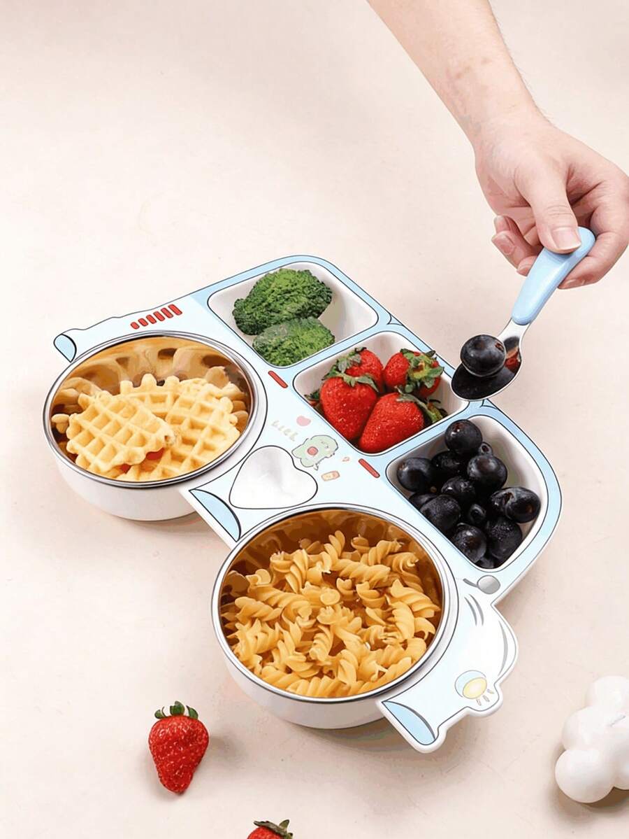 1pc Stainless Steel Cartoon Car Shaped Kids Divided Plate, Baby Feeding Bowl - Multicolor - View 1