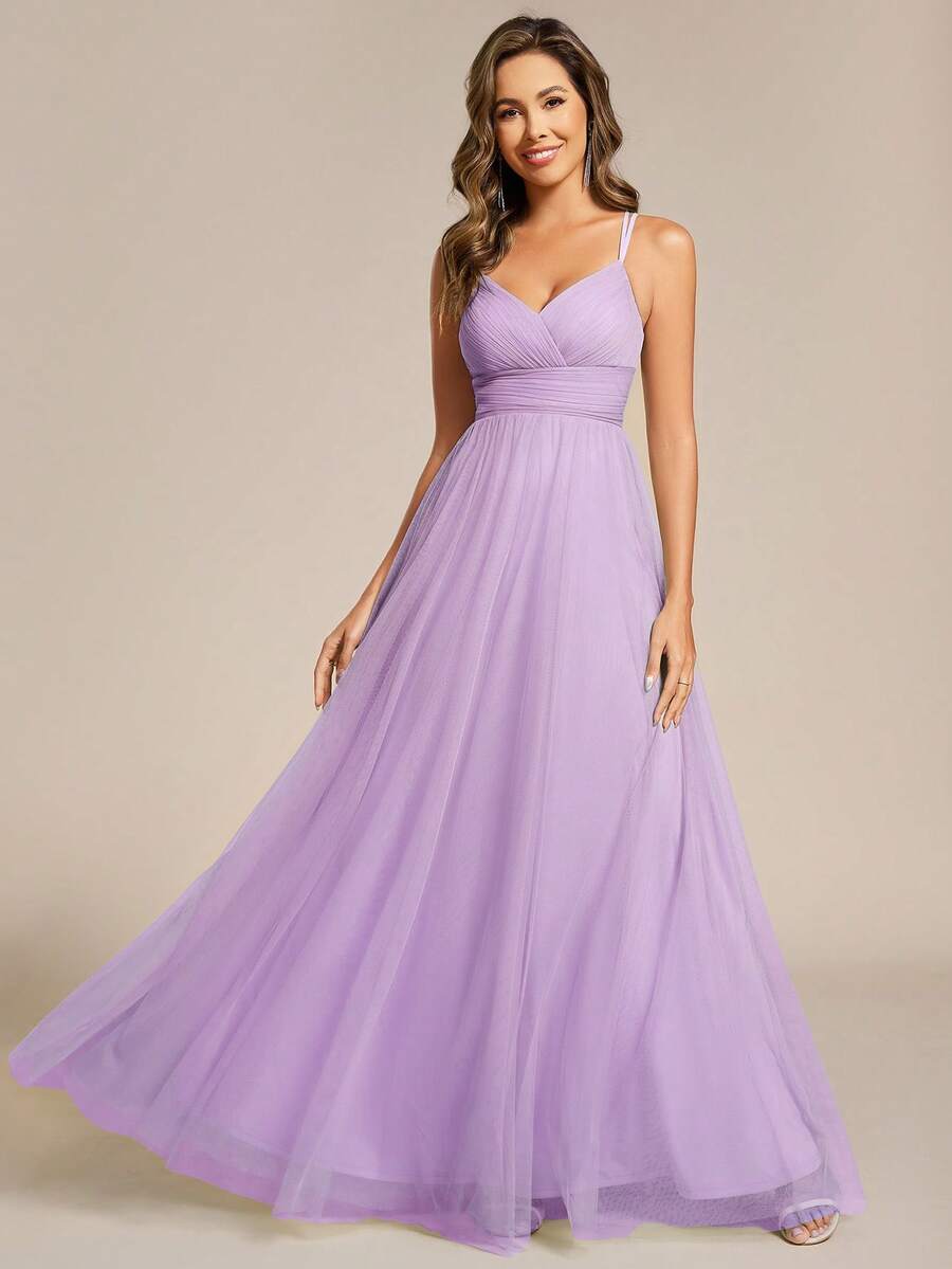 Elegant Criss-Cross Back Slip Lace & Mesh Bridesmaid Dress For Wedding - Lilac Purple - View 1