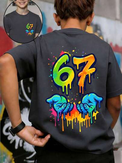 Tween Boy Colorful Creative Number 67 Print T-Shirt, Suitable For Casual, Streetwear, School, Events, Fashionable Boys' Summer Top