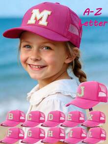 1pc A-Z Letter Truck Print Kids Casual Solid Mesh Baseball Cap, Adjustable Brim, Unisex Hip Hop Hat - Hot Pink - View 1