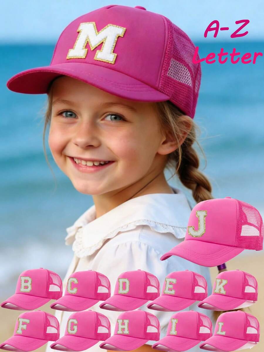 1pc A-Z Letter Truck Print Kids Casual Solid Mesh Baseball Cap, Adjustable Brim, Unisex Hip Hop Hat - Hot Pink - View 1