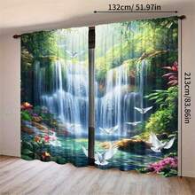 2pcs Nature Style Waterfall & Forest Landscape Blackout Curtains, Polyester, With Rod Pocket, Modern Design, Machine Washable, Suitable For Bedroom And Multiple Rooms - Multicolor 2 - View 18