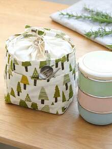 1pc Drawstring Insulated Lunch Bag, Picnic Bento Box Bag, Red Stripe & Green Tree Pattern - Multicolor - View 6