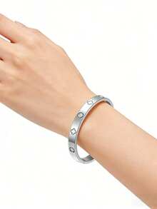 1pc Fashionable Luxury Stainless Steel Rhinestone Bangle Bracelet, Suitable For Daily Wear - Silver - View 6