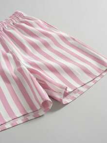 1pc Girls Cute Bow Print Short Sleeve T-Shirt & Striped Shorts 2 Pieces Set, Summer - White - View 5