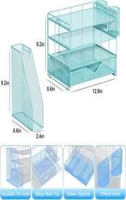 Gianotter Desk Organizers And Accessories With File Holder, 4-Tier Desk Accessories &Amp; Workspace Organizers With Drawer And 2 Pen Holder, Paper Organizer For Office Supplies (Blue) - MàuB - Xem 5