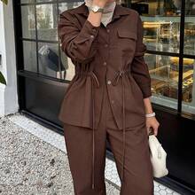 Livesso Spring & Summer Cinched Waist Knot Crisscross Casual & Work Outfit, Brown Top & Straight Leg Pants Set, Elegant Office & Commute Attire Business Casual Woman - Brown - View 7