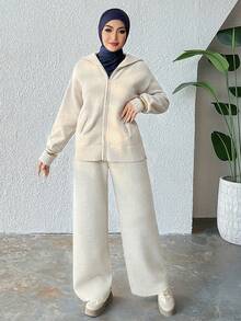 Livesso 女士休闲拉链长袖毛衣和裤子两件套秋冬连帽衫 - 杏色 - 查看 1