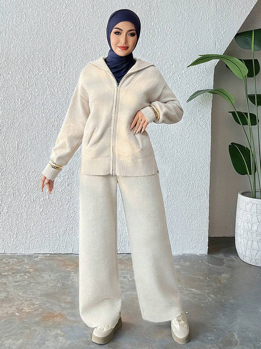 Livesso 女士休闲拉链长袖毛衣和裤子两件套秋冬连帽衫 - 杏色 - 查看 1