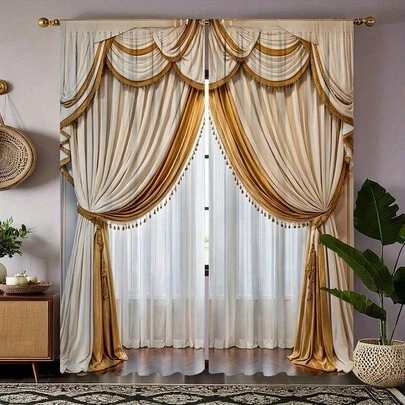 2 Pieces Set, High-Definition Faux Window Valance Curtains, White & Golden Elegant Drapes, Washable, Rod Pocket, Semi-Transparent, Polyester, American Style, All-Season, Living Room Decor, 180-200g Fabric, Printed Velvet, No Lining
