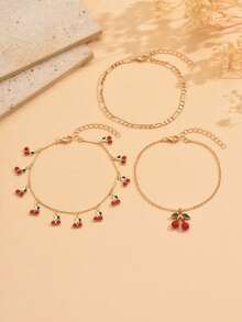 3pcs/Set Sweet Cherry Pendant Anklet, Cute Cherry Tassel Foot Jewelry Fashion Anklet Set, Suitable For Daily Wear, Beach Party, - Multicolor - View 2