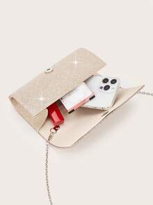Lightweight Business Casual Rhinestone Decor Drawstring Bucket Bag, Transparent Faux Pearl Clutch Purse, Charming, Elegant, Exquisite, Understated Luxury, Rhinestone Embellished, Suitable For Party Girls, Ladies, Brides, Perfect For Party, Gala/Banquet, Christmas Party Dress - Gold - View 5