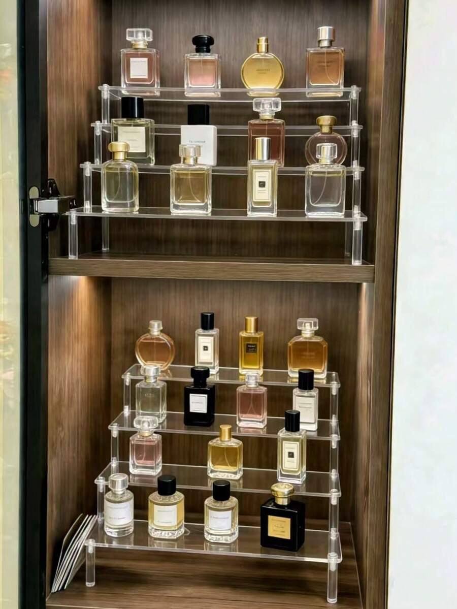 1 قطعة حامل عرض أكريليك متعدد الطبقات، منظم تخزين منزلي، عرض منتج للعطور والمستحضرات التجميلية والتحف والألعاب وديكورات الحفلات. رف منظم متدرج للمكياج، رفوف متعددة الطبقات لعرض العطور ومستحضرات العناية بالبشرة والمستحضرات التجميلية في غرفة المعيشة والحمام والنوم والديكور المنزلي. - شفاف - مشاهدة 1