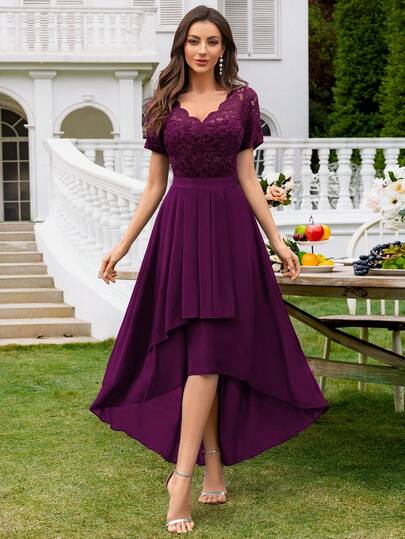 MIUSOL Floral Lace V-Neck Ruffle High-Low Hem Chiffon Evening Gown Wedding Spring Party