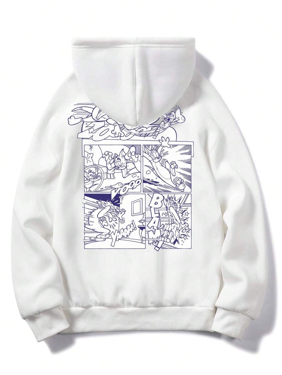 Men's Casual Versatile Minimalist Cartoon Tom And Jerry Element Printed Hoodie Sweatshirt, Autumn/Winter - White - View 1