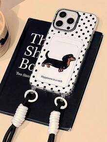 1pc Black & White Polka Dot Dachshund Dog Card Holder Shockproof Full Coverage Phone Case + Black & White Lanyard Compatible With IPhone11/12/13/14/15/16/17/PROMAX - Black and White - View 2