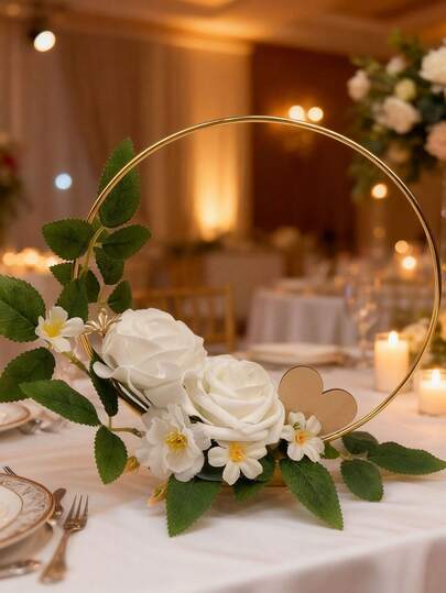 1pc Metal Circular Wedding Decor, Metal Flower Wreath, Gold Ring, Suitable For Bride, Bridesmaid Silk Flower Wreath, Bridal Artificial Rose Bouquet, Outdoor Western Wedding Bridesmaid Artificial Flower Wreath, Wedding Artificial Flower Wreath, Artificial Flower Garland, Outdoor Wedding Hand-Held Flower Wreath, Photography Prop, Wedding Dress Accessory